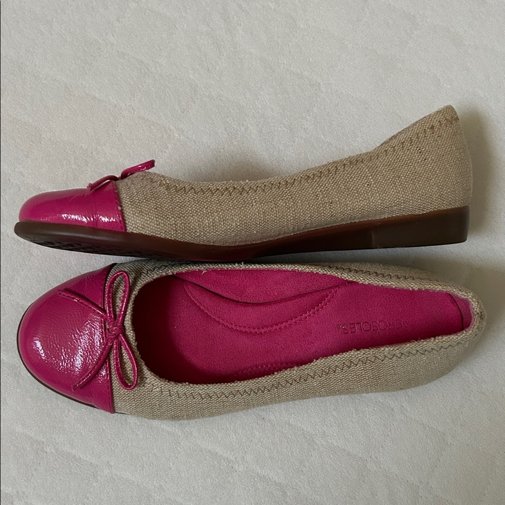 Aerosoles | Pink Patent Tan Canvas Ballet Flat Shoes | Size 6.5 - Picture 2 of 10